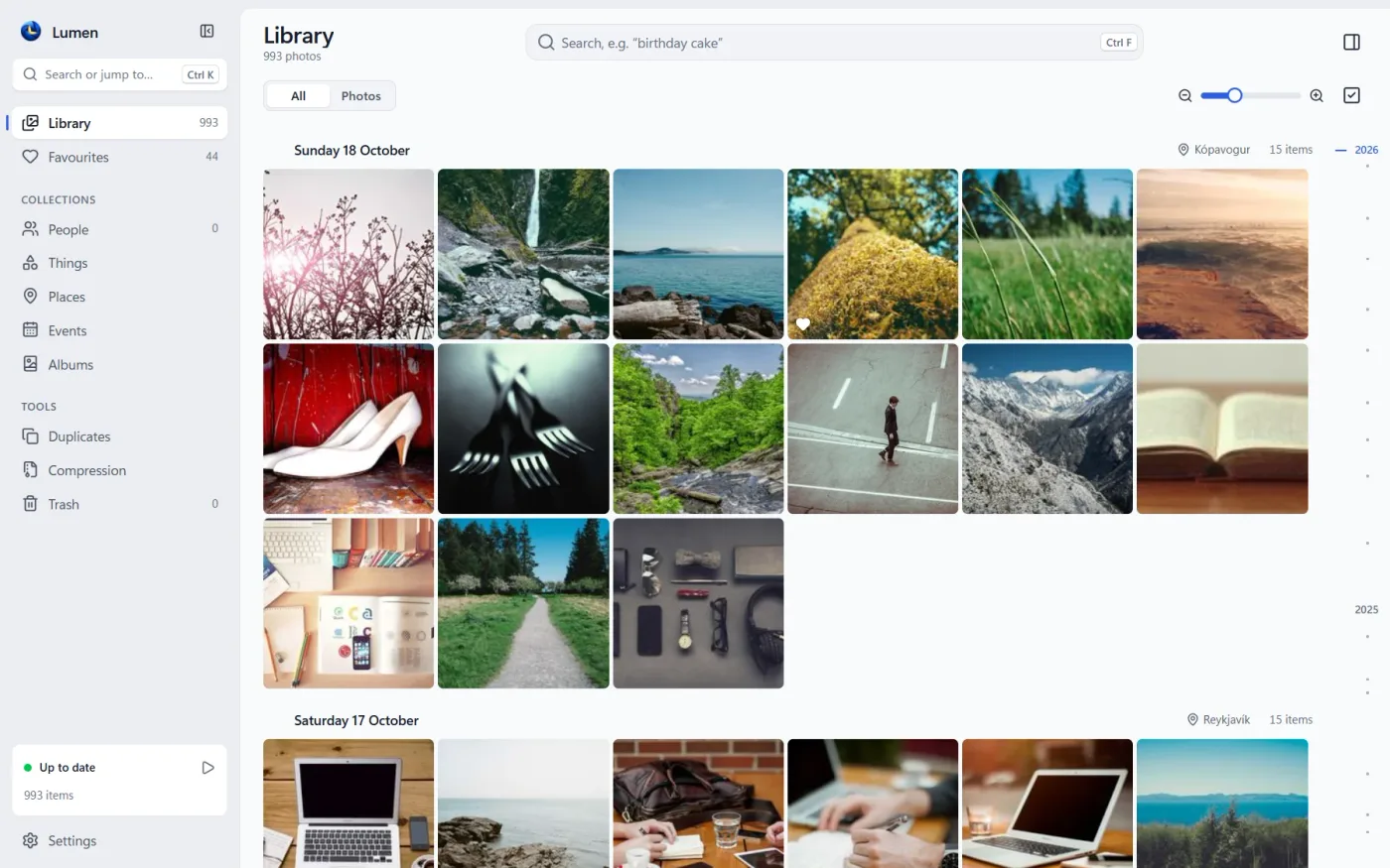 The Lumen library, a timeline of sample photos grouped by day