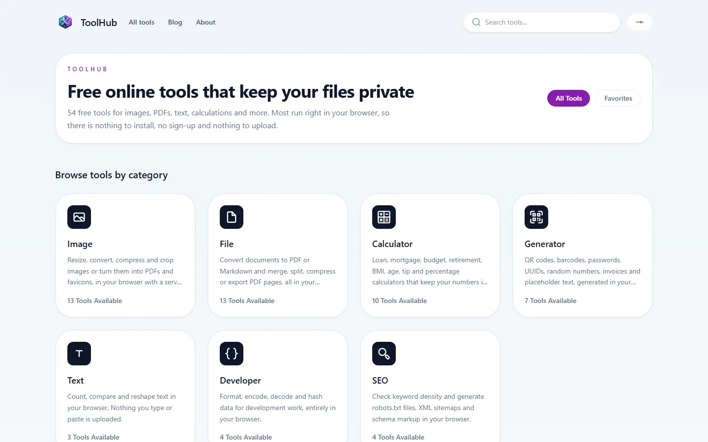 The ToolHub home page, listing browser tools by category